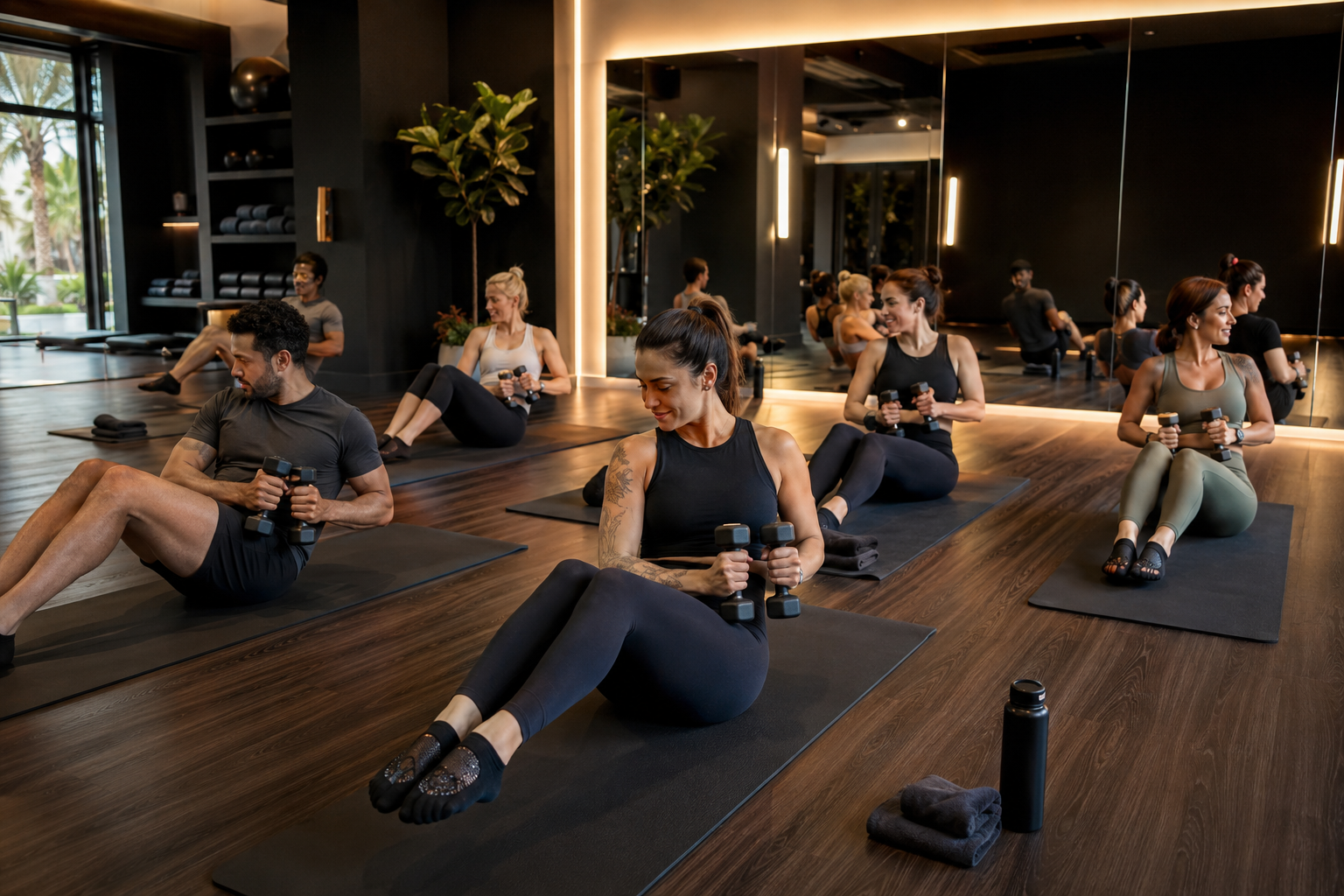 An inclusive sculpt class training together in a warm, modern studio